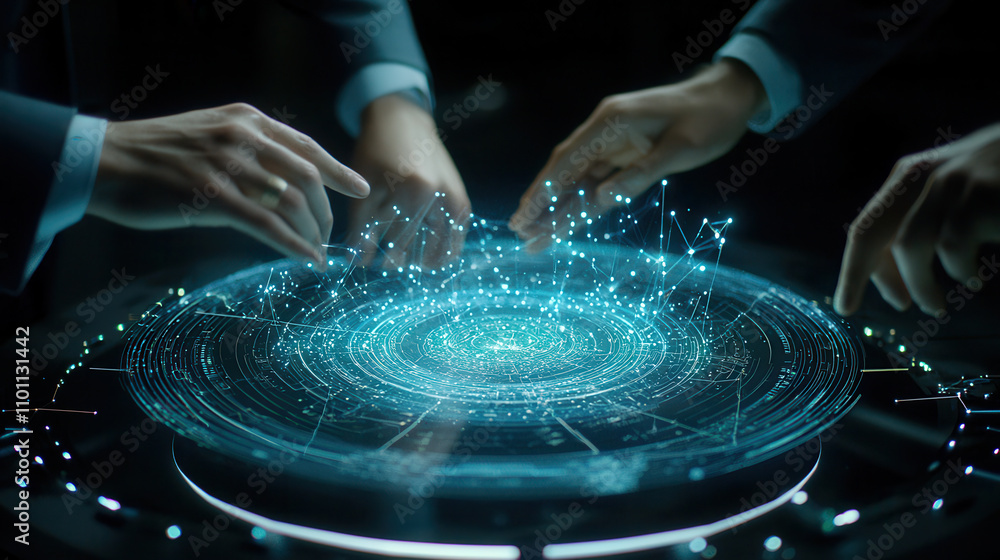 Poster professionals interacting with digital holographic display, analyzing data and trends in futuristic 