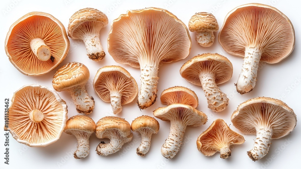 Aufkleber assorted brown mushrooms displayed on a clean white background showcasing natural textures and intri