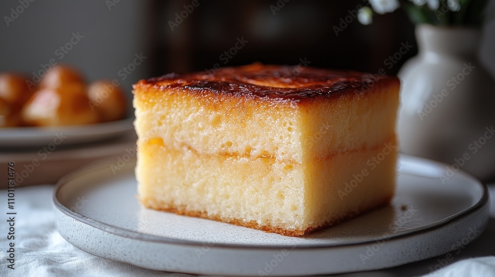 Poster Sliced Chinese cake on a simple plate with a white background showcasing its soft texture and golden crust