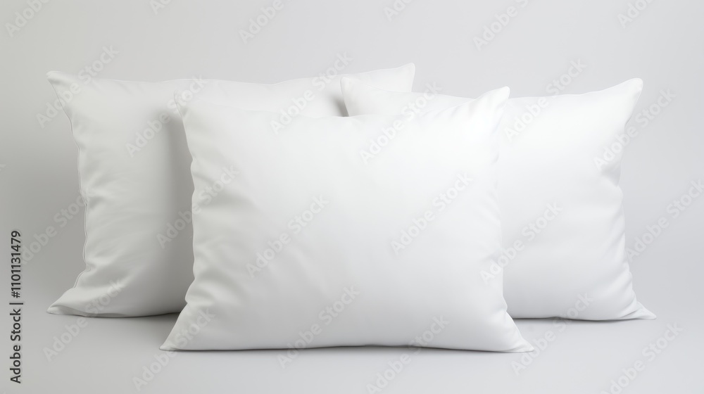 Poster White decorative pillows arranged in a minimalist style on a soft gray background perfect for bedding and interior design concepts