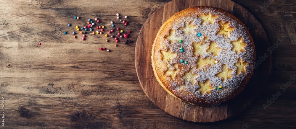 Poster epiphany cake on wooden board with star shapes and colorful sprinkles panoramic view showcasing empt