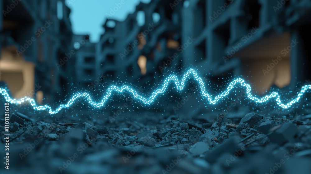 Poster digital graph with fluctuating lines set against backdrop of debris, showcasing blend of technology 