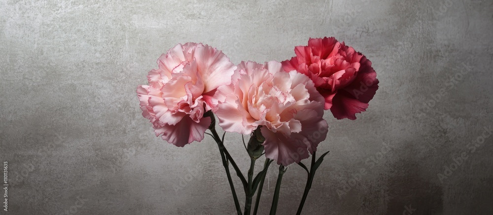 Poster Elegant carnations in soft pink and red hues set against a subtle grey textured backdrop for artistic floral compositions.
