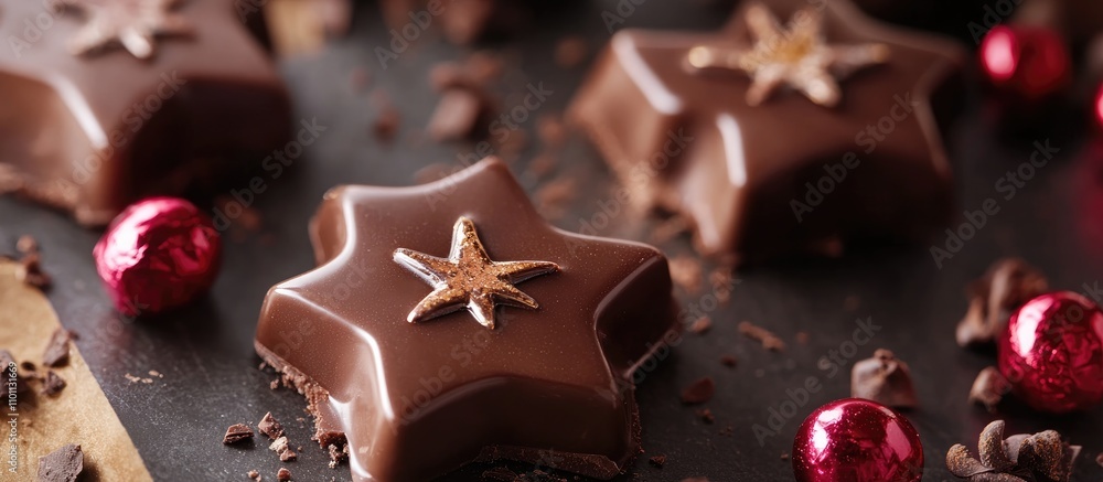 Poster decorative chocolate star shapes with festive red ornaments and cocoa flakes on a dark surface for h