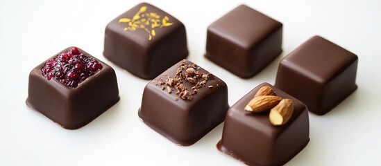 Handcrafted dark chocolate cubes with natural fruit fillings including berries and nuts on a clean white background