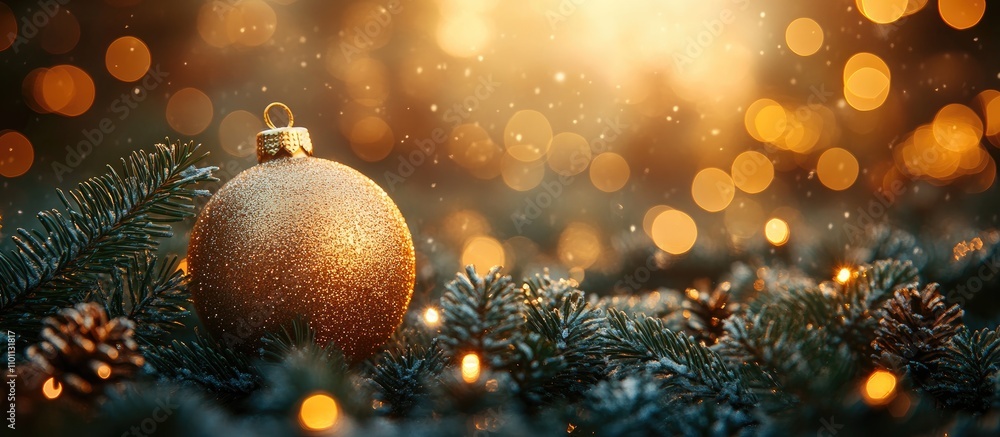 Poster warm christmas backdrop with fir branches and golden ornament sparkling in soft light and bokeh effe