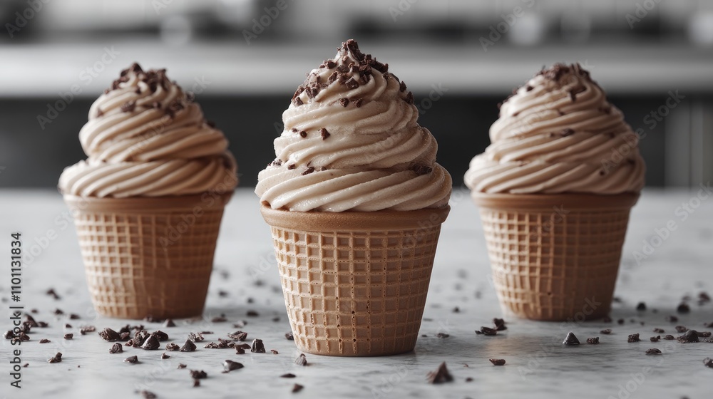 Aufkleber chocolate ice cream cones topped with chocolate shavings on a marble countertop close-up against a c