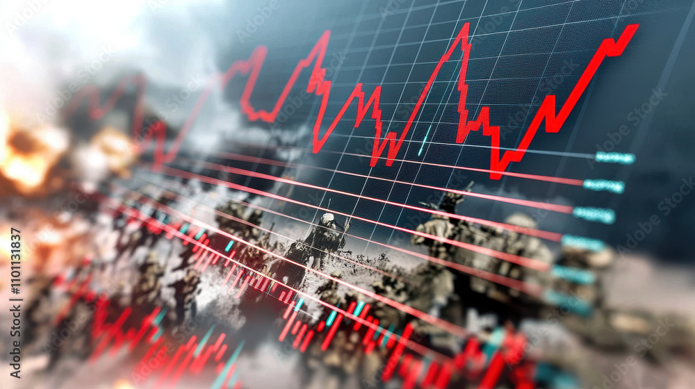 Poster digital stock graph with red and green lines shows market trends against blurred background of soldi