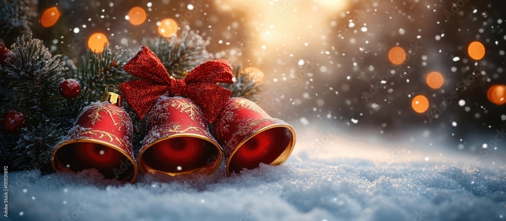 Poster christmas bells and a gift bow on a snowy background with soft bokeh lights creating a festive winte
