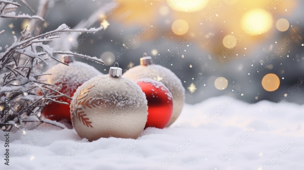 Poster Christmas ornaments nestled in fresh snow with a soft bokeh background creating a festive winter atmosphere.