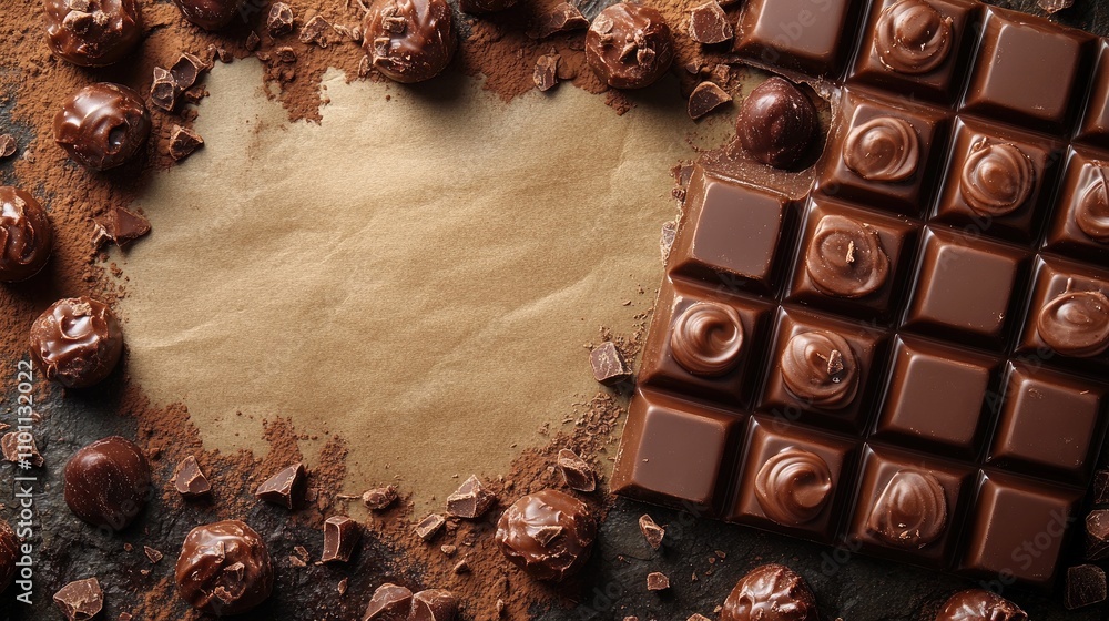Aufkleber Chocolate candies arranged around a blank parchment area for text with dark chocolate pieces and cocoa shavings on a rustic background