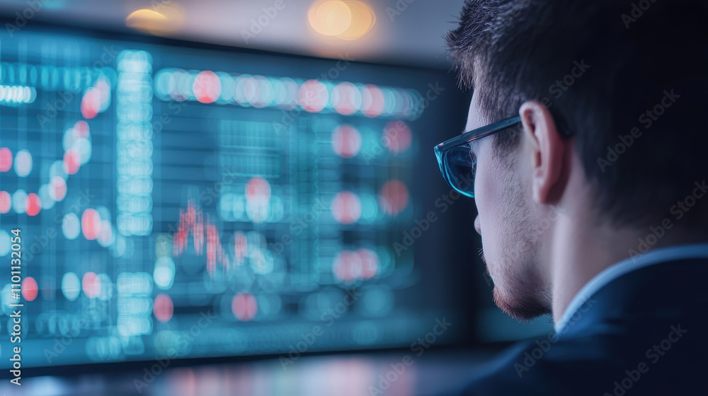Poster futuristic control room with analysts studying data trends on screens. atmosphere is focused and ana