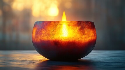 Glowing candle in a rustic bowl casting warm light against a soft blurred background for a tranquil ambiance and relaxation theme.