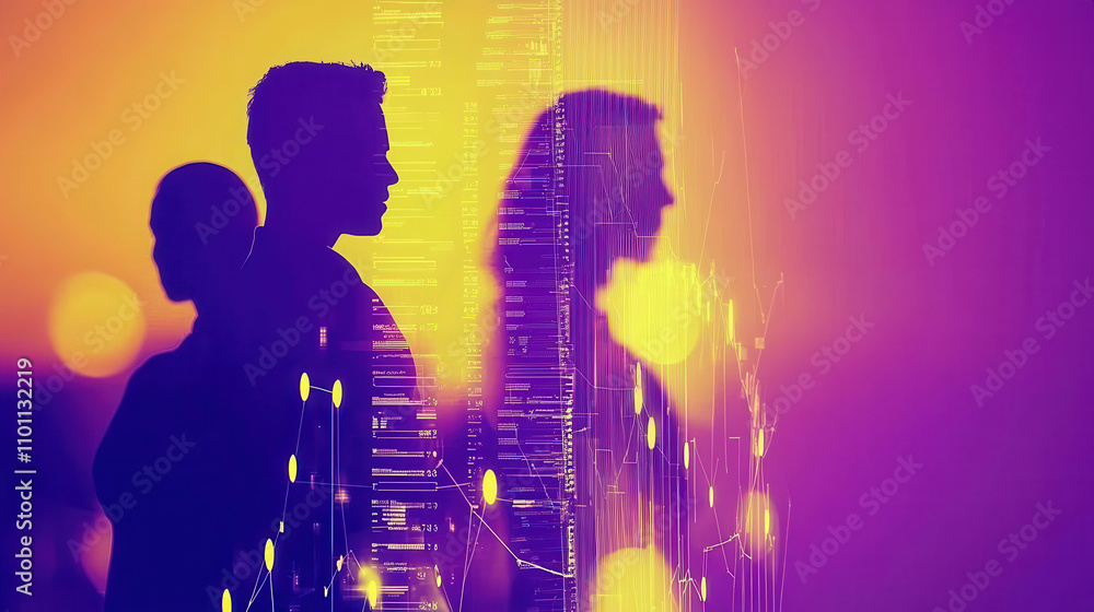Poster silhouettes of people against vibrant background with abstract data visualization. image conveys col