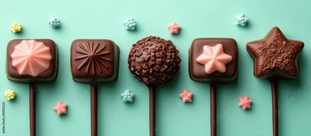 Poster chocolate lollipops in various shapes arranged artistically on a vibrant green background for a play