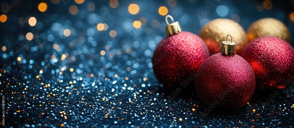 Aufkleber festive christmas ornaments on a glittering blue background with bokeh lights creating a perfect set