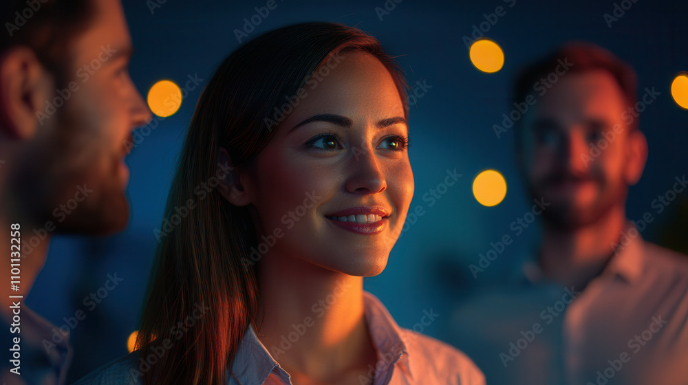 Aufkleber woman smiles warmly while engaged in conversation with two men in dimly lit setting, creating friendly and inviting atmosphere