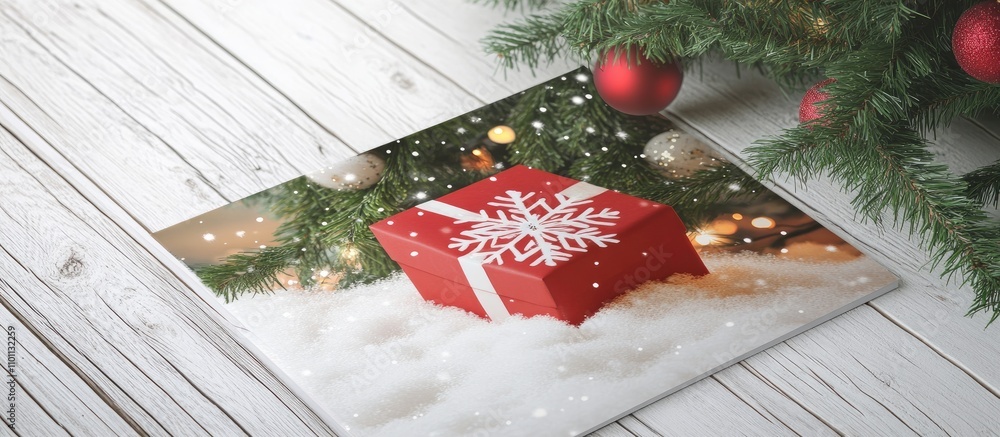 Poster christmas card design with a red gift box and snowflake on tree surrounded by snow and festive decor