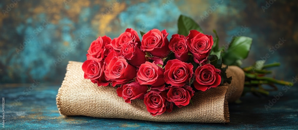 Poster Bouquet of fresh red roses elegantly arranged in burlap with a vibrant textured background and ample copyspace for customizable text