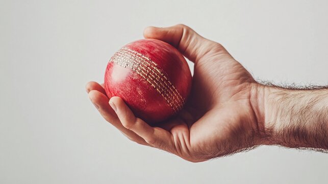 Close-up of a hand holding a red cricket ball against a white background. generative ai - Powered by Adobe