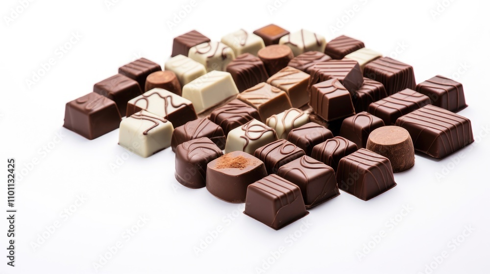 Poster assorted chocolate sweets elegantly arranged on a white background showcasing rich textures and vari