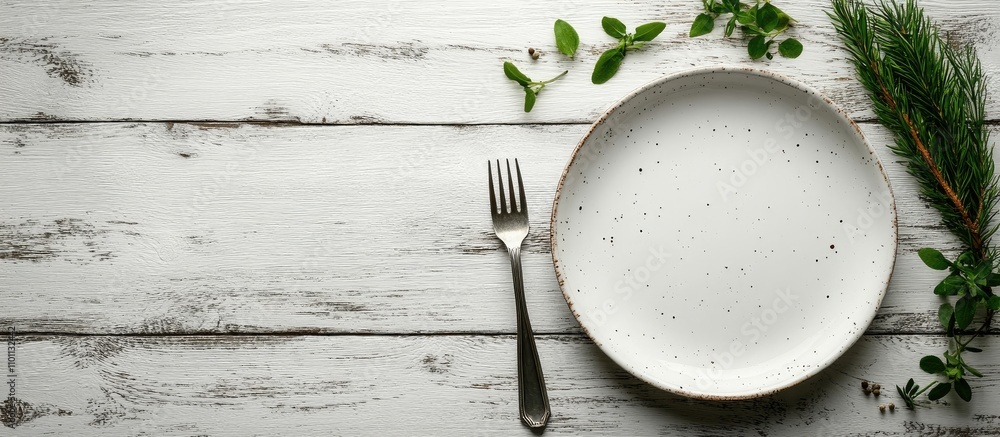 Aufkleber minimalist dining setup with empty plate silverware and greenery on rustic wooden table background f