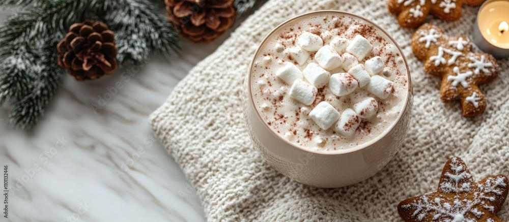 Poster cozy christmas flat lay with cocoa topped with marshmallows gingerbread cookies and festive decor on