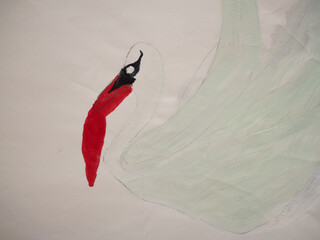 Elegant swan with bold red and black details in abstract style.