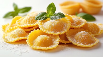 Fresh homemade Italian ravioli with herbs on a white background ready for cooking or serving in culinary presentations.