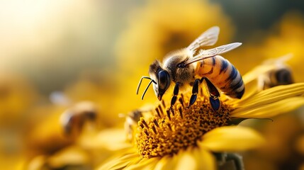 Fototapeta premium Yellow sunflowers in focus on the right, with bees buzzing around against a soft, blurred background.