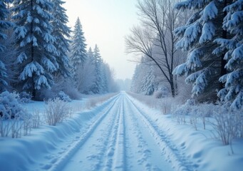 Obraz premium Winter landscape with snow-covered path through frost-covered trees