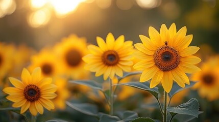 Obraz premium Yellow sunflowers in focus on the right, with bees buzzing around against a soft, blurred background.