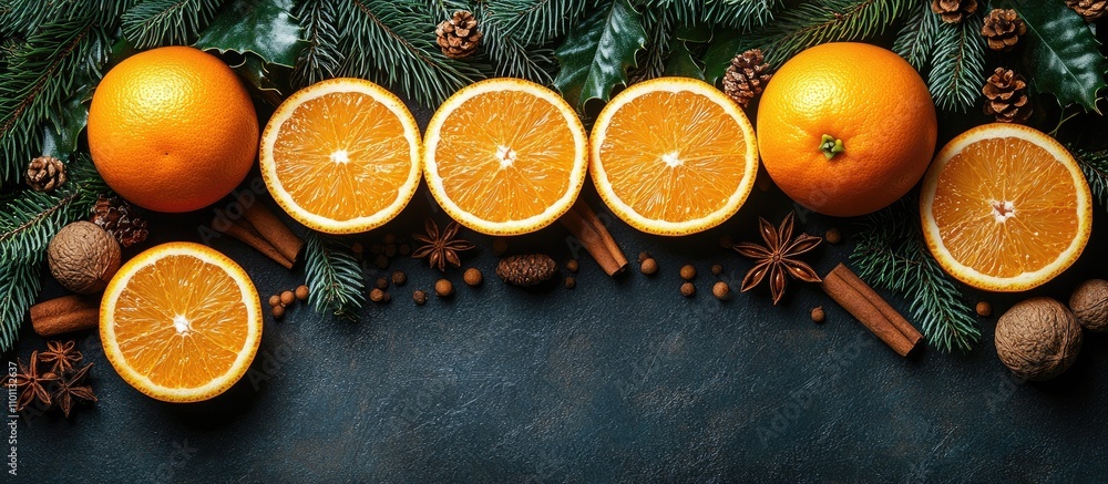 Aufkleber Christmas fruit and spice arrangement with oranges and apples surrounded by fir tree branches on a rustic background viewed from above