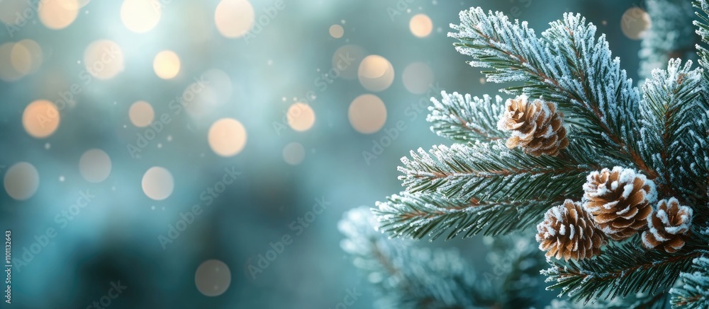 Poster Snow-covered spruce branches with pine cones against a blurred bokeh background creating a serene winter atmosphere ideal for seasonal designs