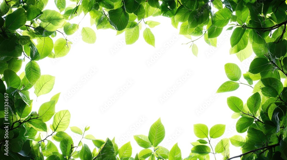 Poster green tree leaves forming a natural frame on a bright white background creating a fresh and vibrant 