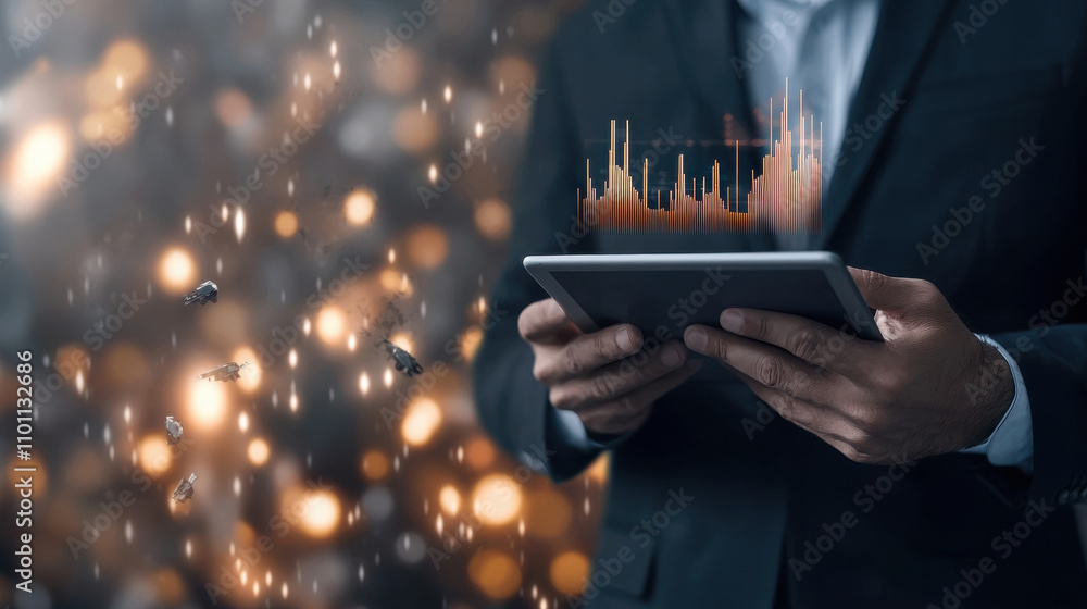 Poster businessman holding tablet displays stock graph with glowing data points, symbolizing financial grow