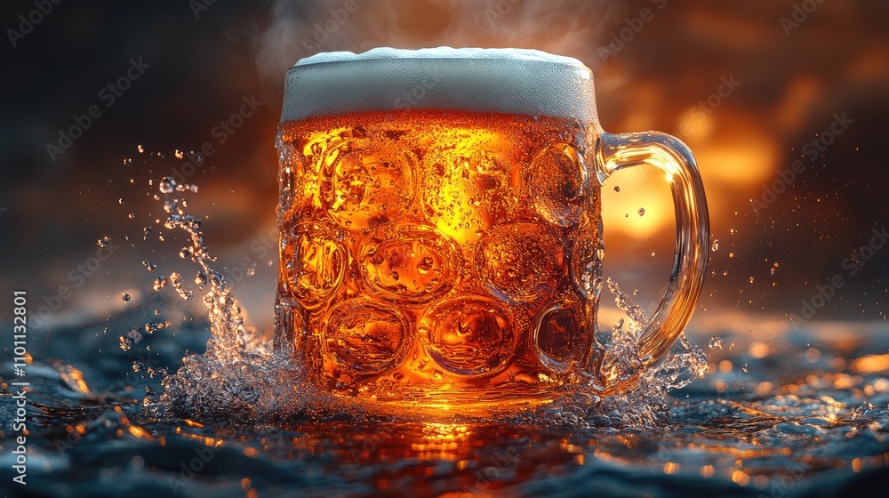 Poster Refreshing glass of beer with frothy head splashing in liquid against a warm background creating a vibrant and inviting atmosphere.