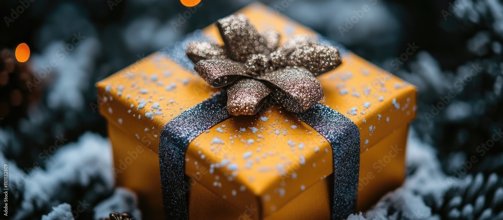 Poster festive golden gift box adorned with sparkling ribbon and pinecone on a snow-covered surface with so