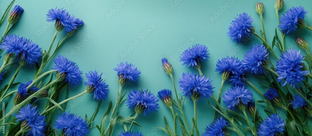 Poster creative arrangement of blue cornflowers with stems on a vibrant green backdrop in a summer garden f