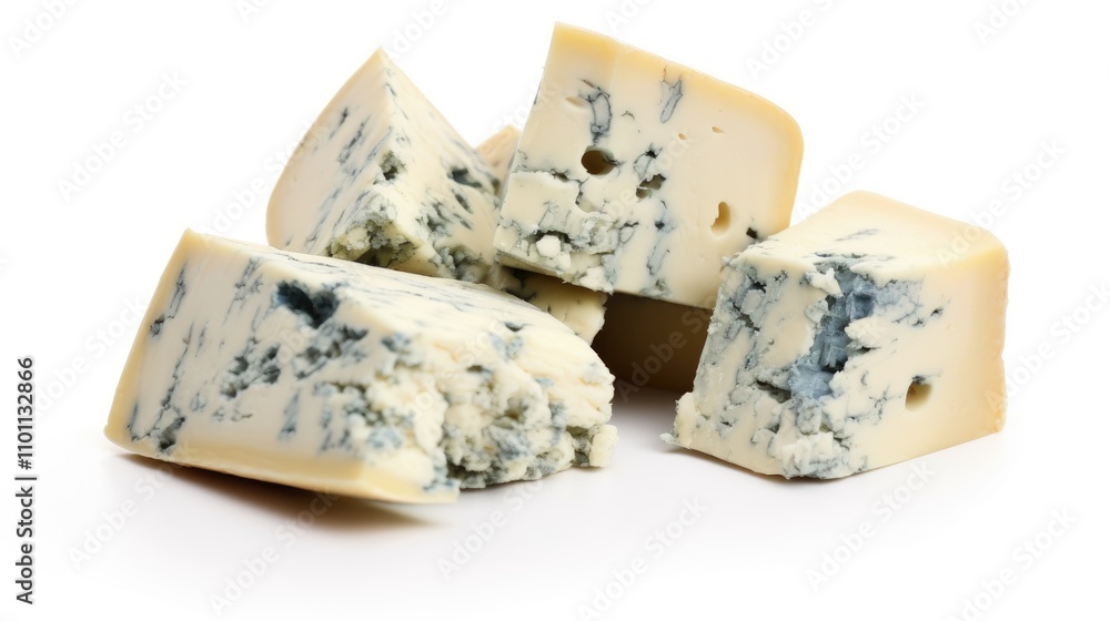 Aufkleber blue cheese chunks arranged on a clean white background showcasing texture and color contrast for cu