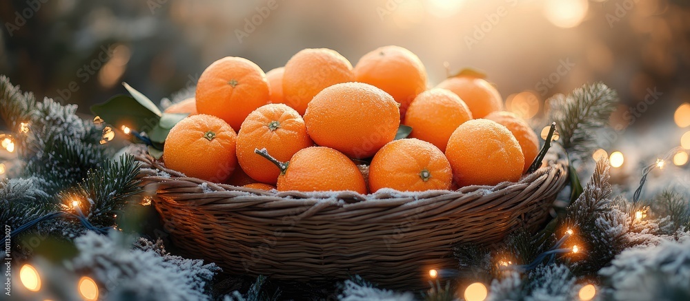 Poster fresh clementines in a decorative basket surrounded by tree branches and twinkling lights on a soft 