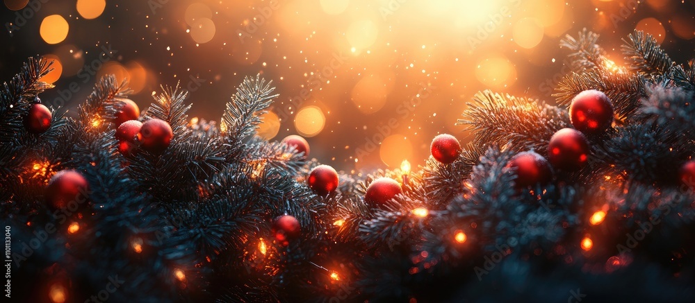 Poster festive christmas background with glowing garland bokeh lights and shimmering ornaments creating a w
