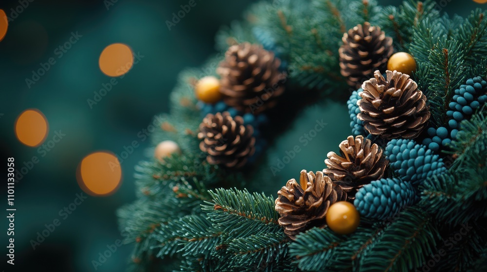 Aufkleber festive christmas wreath with pine cones and ornaments highlighting lush evergreen branches and soft