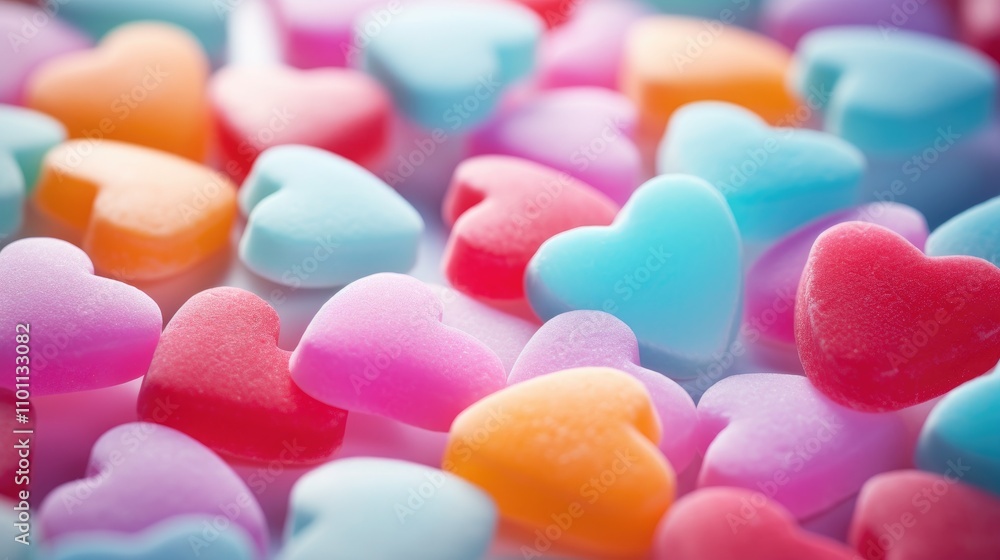 Poster colorful candy hearts in vibrant hues arranged in a macro view perfect for festive occasions and val