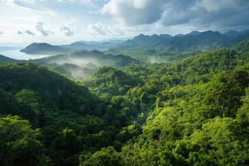 Obraz premium Lush green mountains stretch under a cloudy sky, with mist hovering above the forested landscape, showcasing the beauty of nature and tranquility.