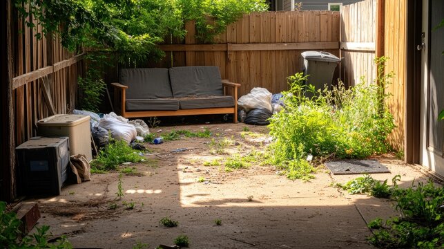 A backyard area shows a neglected couch surrounded by trash, overgrown vegetation, and an unkempt environment in the afternoon light