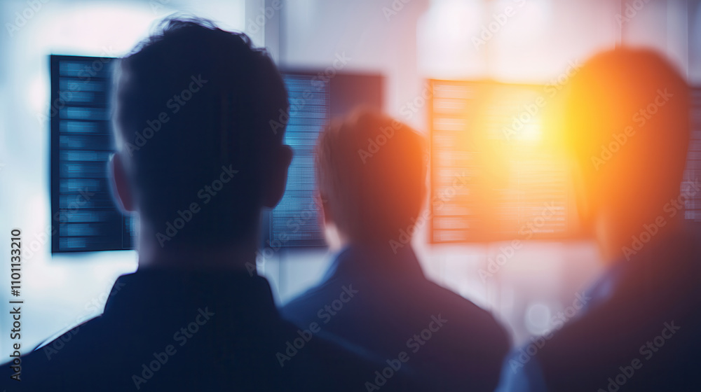 Poster futuristic brainstorming session with three individuals in sleek environment, focused on digital scr