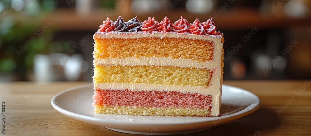 Poster Close up of a vibrant rainbow cake slice on a white plate with colorful frosting and a rustic wooden table background