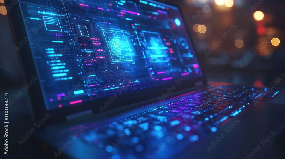 Poster a laptop with a glowing screen displaying digital information, data, and code, illuminated by the co