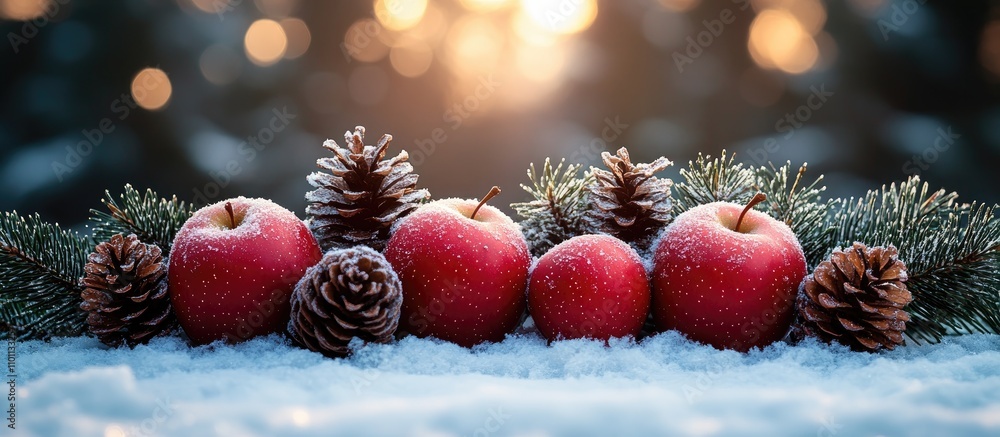 Poster christmas card design with coniferous branch paradise apples and pinecones on fresh snow with a blur
